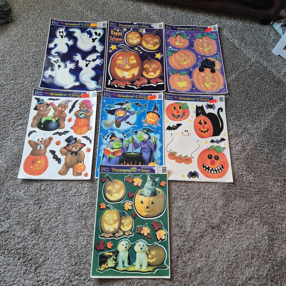 Lot of 7 Vintage Halloween Decorations Window Clings Stickers Cat Pumpkins Etc